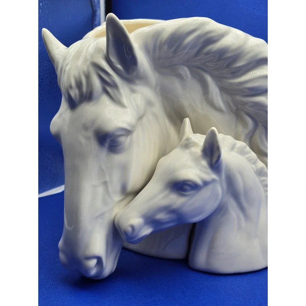 Vintage White Ceramic Horse Mare & Foal Planter Vase Statue Figurine Decor